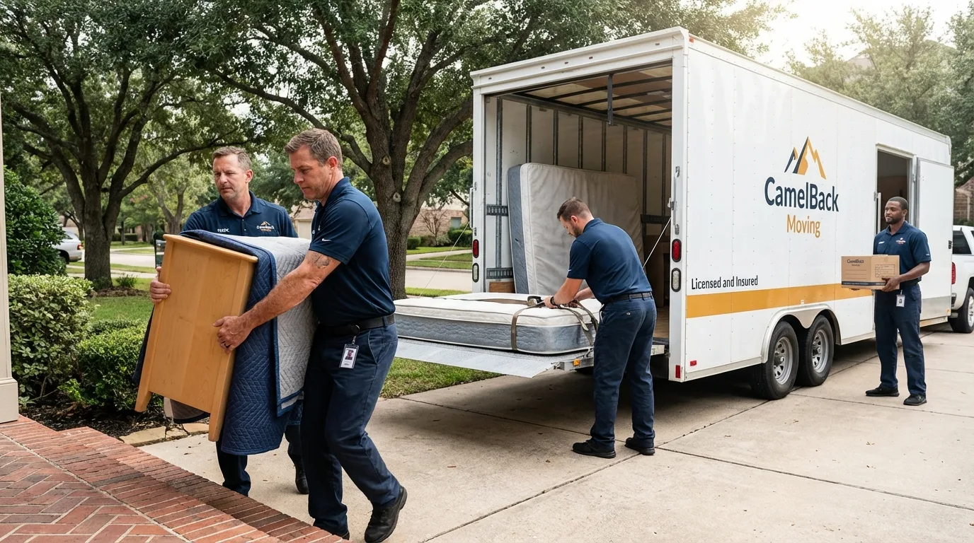Crew loading residential truck for cross-state move from Newman, CA