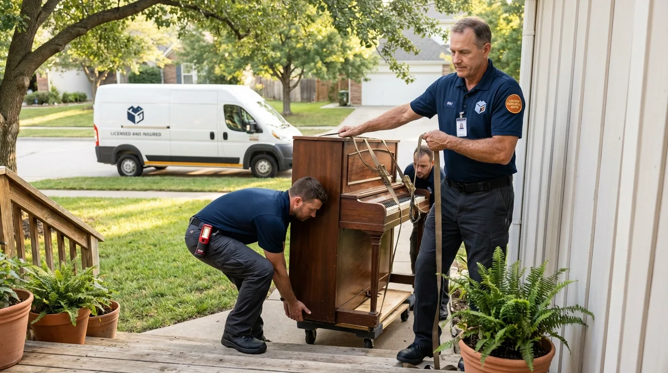 Licensed piano movers securing grand piano in Newman, CA