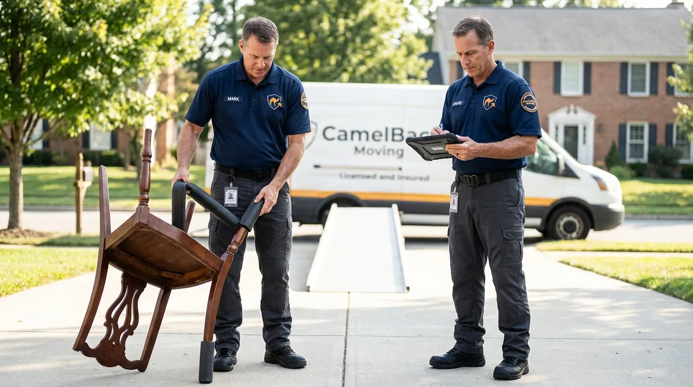Movers inspecting furniture for damage prevention before loading in Newman, CA