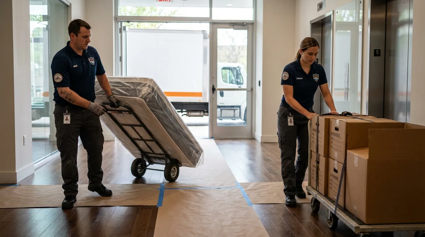 Professional apartment movers loading elevator in Newman, CA