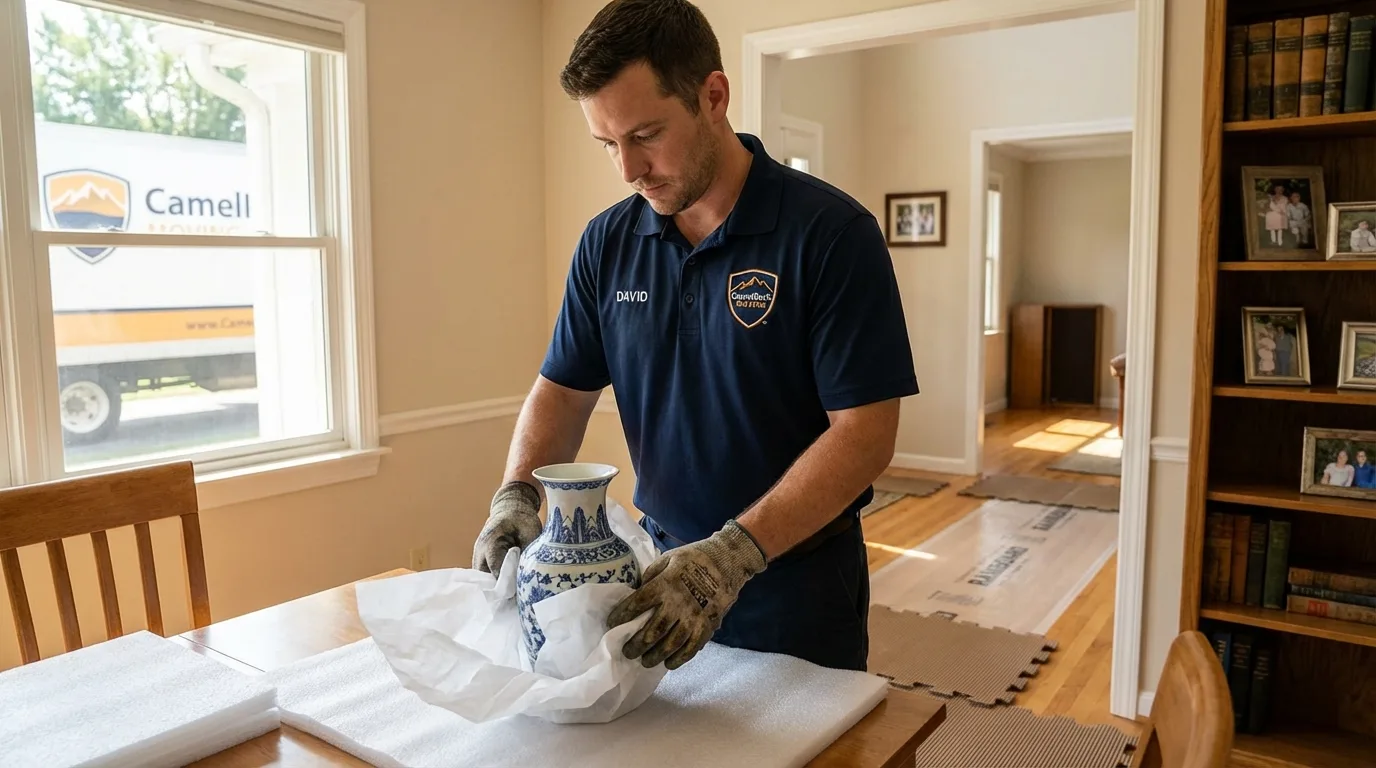 Professional crew carefully wrapping antique vase for senior downsizing move in Newman, CA